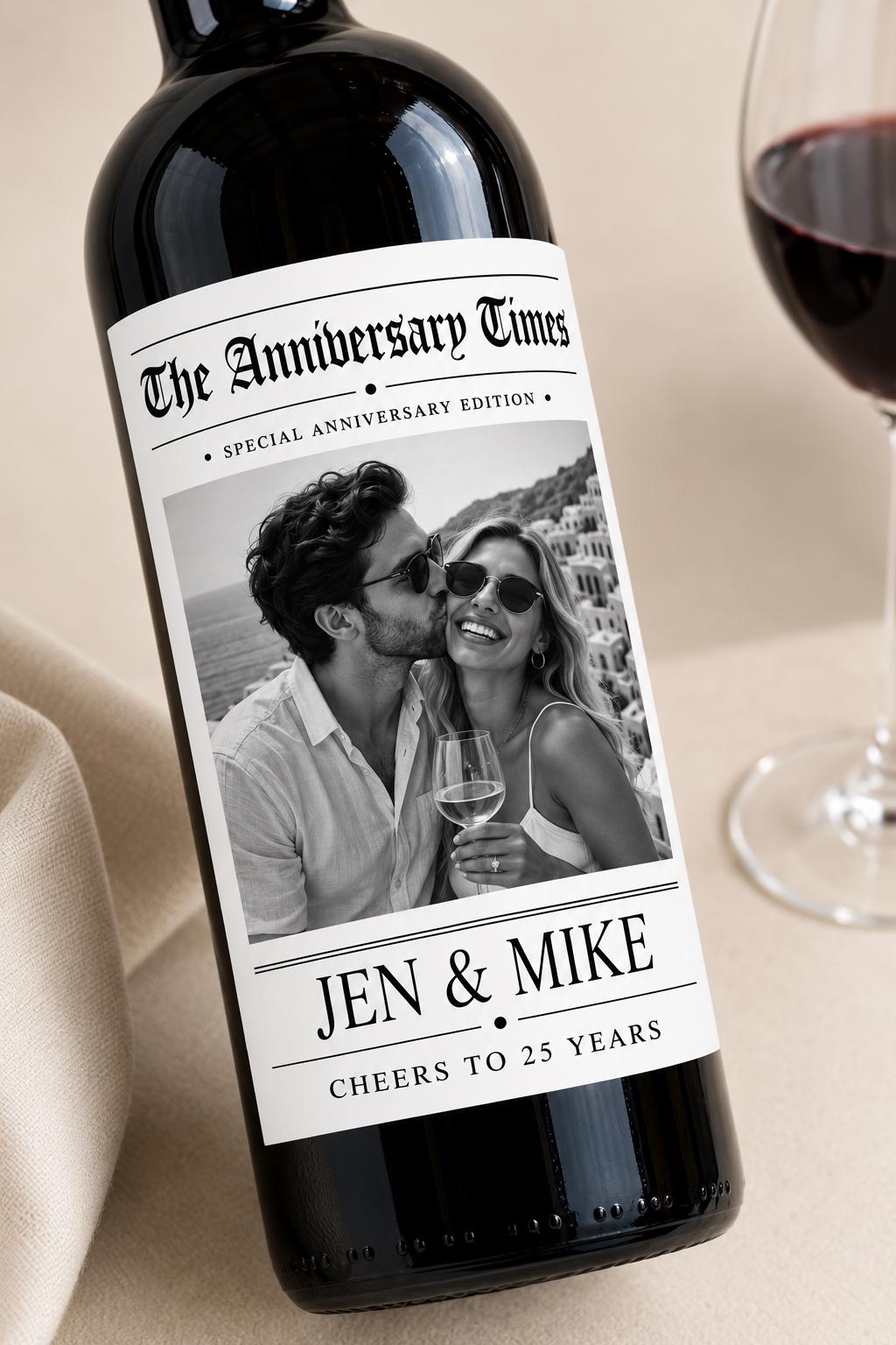 Personalized Anniversary Wine Label with Photo, Custom Wine Bottle Label, Wedding Anniversary Gift, Milestone Anniversary, Newspaper Label