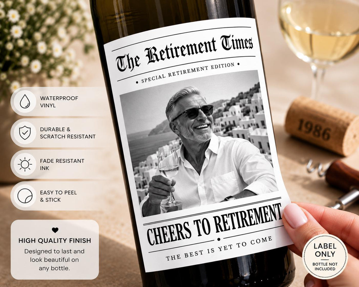 Personalized Retirement Wine Bottle Label, Personalized Retirement Gift, Custom Photo Wine Label, Retirement Party Decor, Newspaper Label