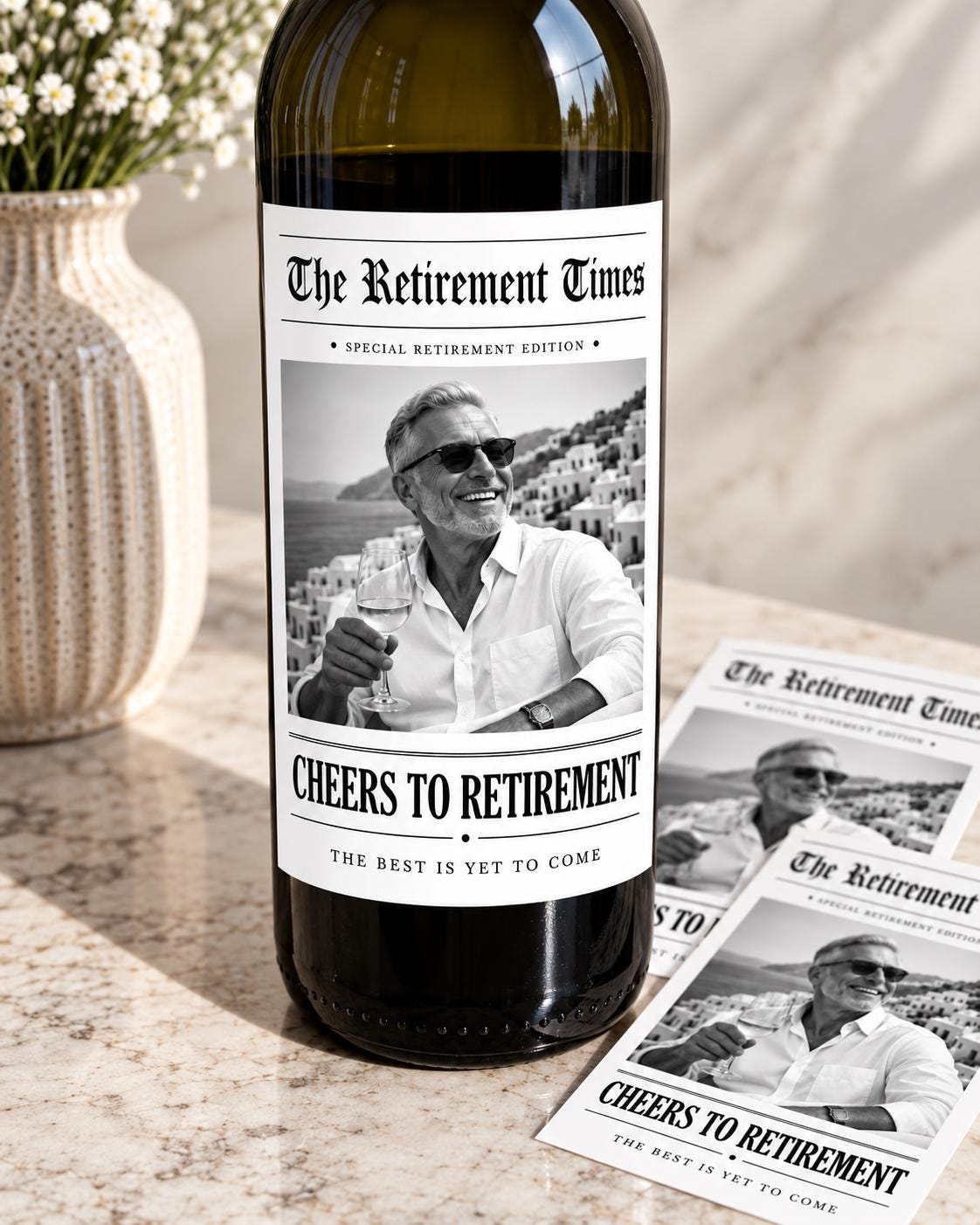 Personalized Retirement Wine Bottle Label, Personalized Retirement Gift, Custom Photo Wine Label, Retirement Party Decor, Newspaper Label