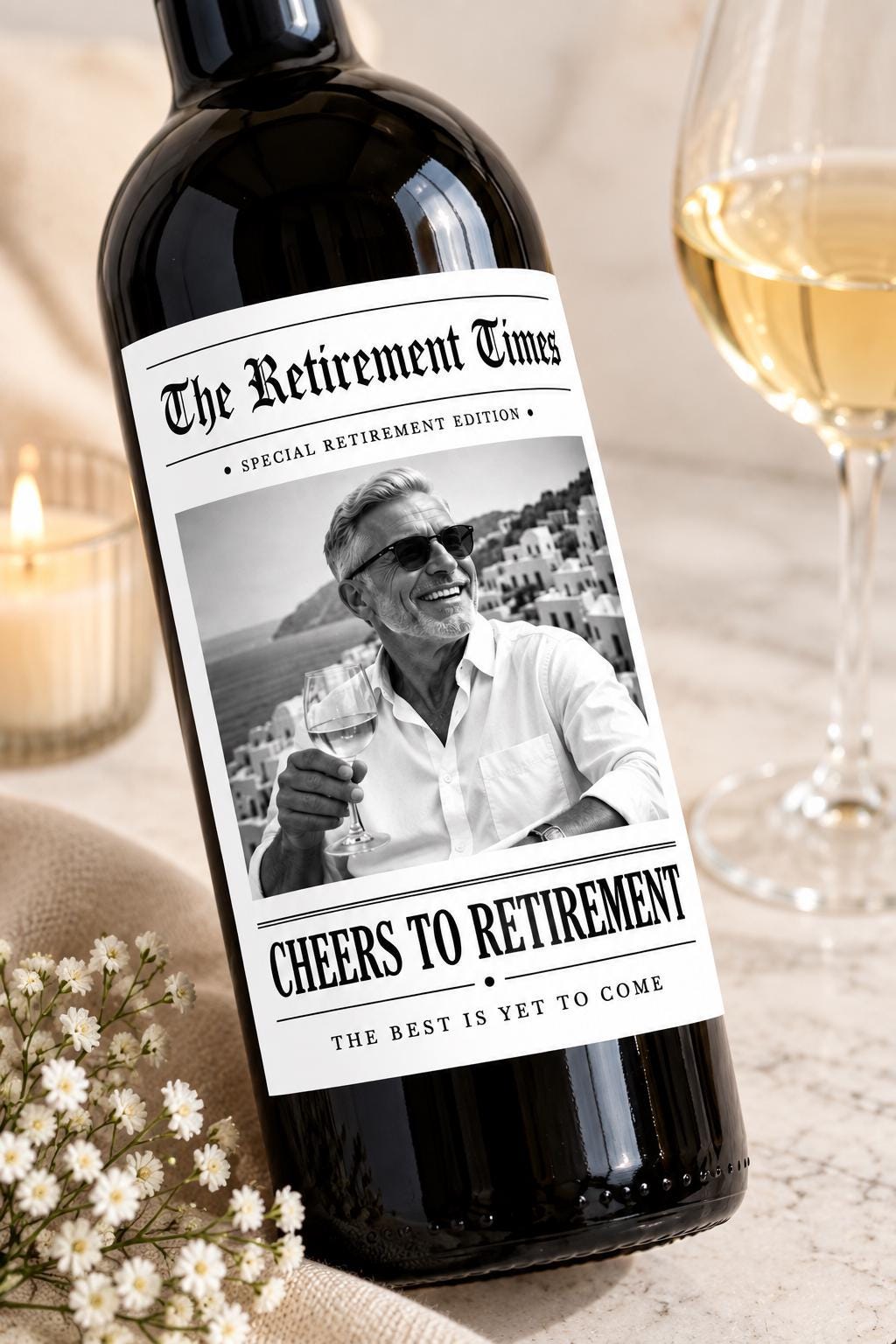 Personalized Retirement Wine Bottle Label, Personalized Retirement Gift, Custom Photo Wine Label, Retirement Party Decor, Newspaper Label