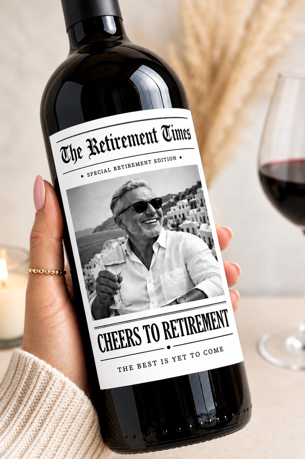 Personalized Retirement Wine Bottle Label, Personalized Retirement Gift, Custom Photo Wine Label, Retirement Party Decor, Newspaper Label