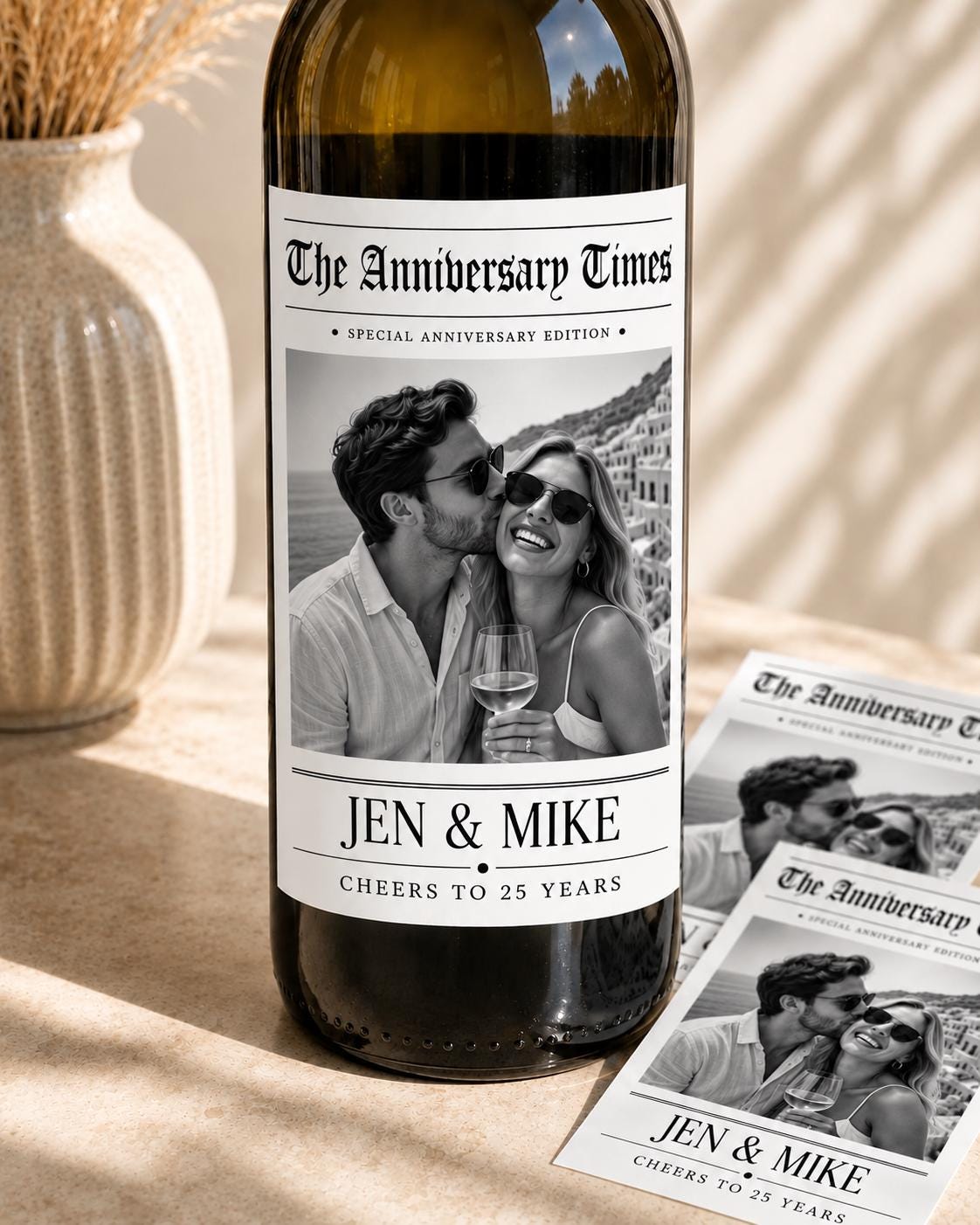 Personalized Anniversary Wine Label with Photo, Custom Wine Bottle Label, Wedding Anniversary Gift, Milestone Anniversary, Newspaper Label