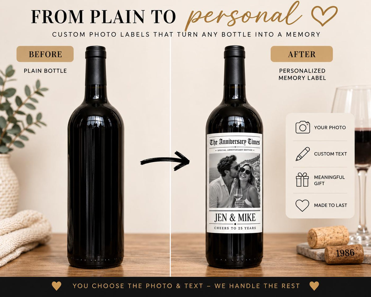 Personalized Anniversary Wine Label with Photo, Custom Wine Bottle Label, Wedding Anniversary Gift, Milestone Anniversary, Newspaper Label