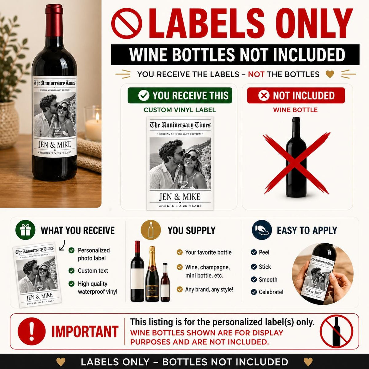 Personalized Anniversary Wine Label with Photo, Custom Wine Bottle Label, Wedding Anniversary Gift, Milestone Anniversary, Newspaper Label