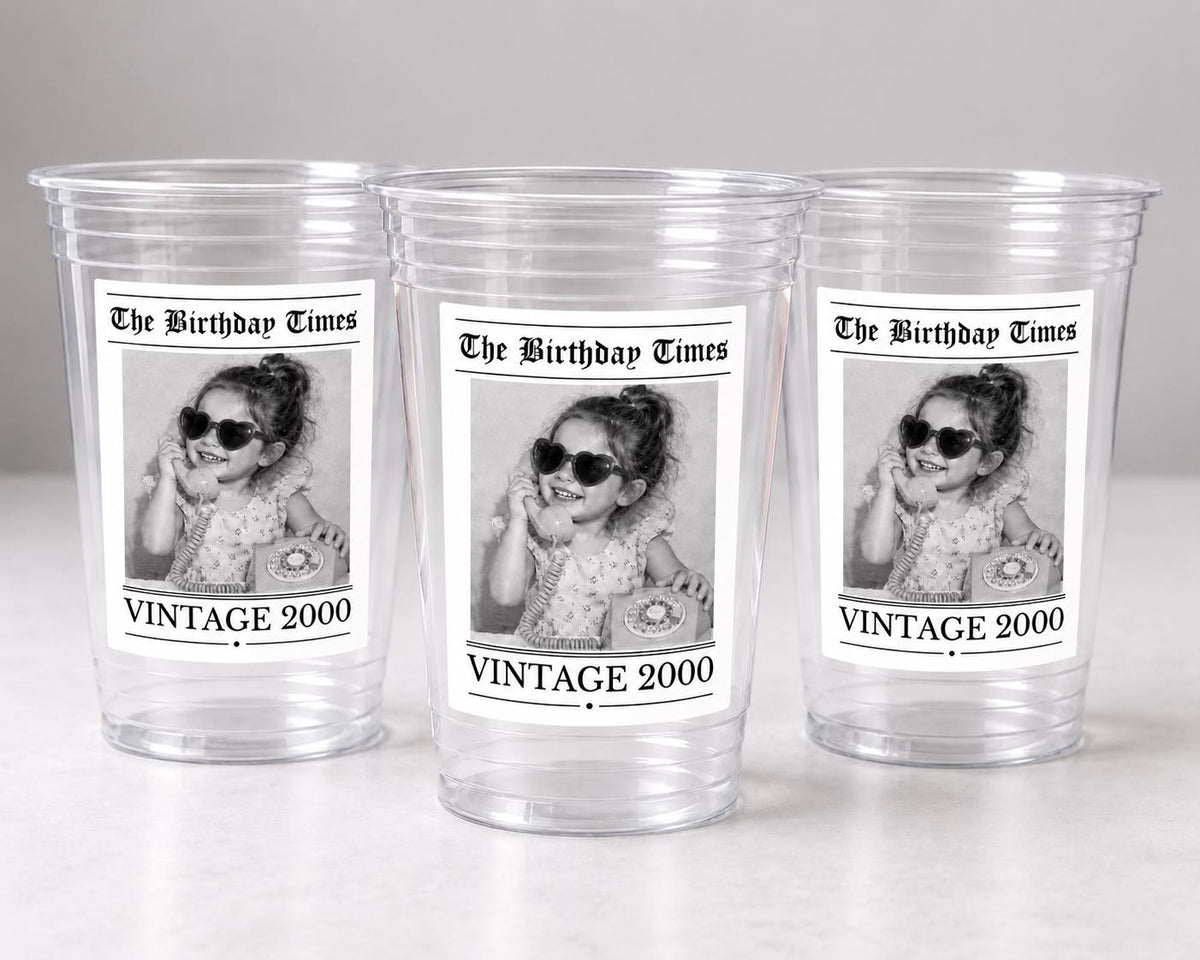 Personalized Newspaper Birthday Cups, Custom Birthday Newspaper Party Cups, Newspaper Photo Party Cups, Funny Milestone Birthday Decorations