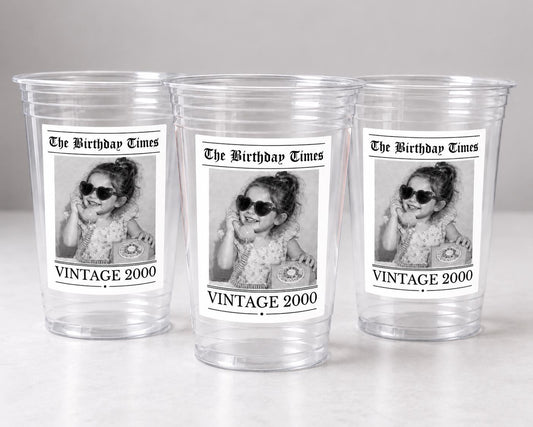Personalized Newspaper Birthday Cups, Custom Birthday Newspaper Party Cups, Newspaper Photo Party Cups, Funny Milestone Birthday Decorations