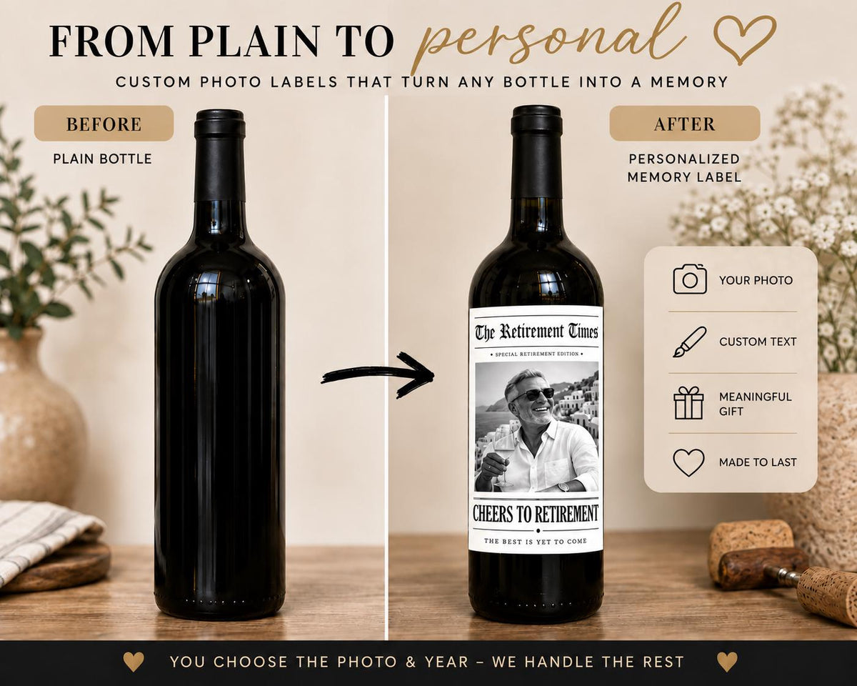 Personalized Retirement Wine Bottle Label, Personalized Retirement Gift, Custom Photo Wine Label, Retirement Party Decor, Newspaper Label