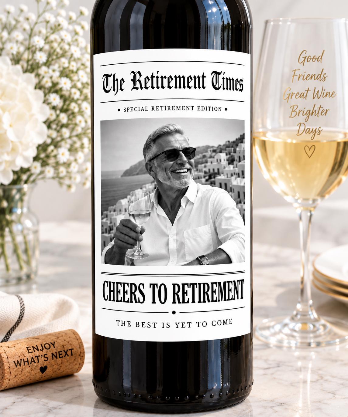 Personalized Retirement Wine Bottle Label, Personalized Retirement Gift, Custom Photo Wine Label, Retirement Party Decor, Newspaper Label