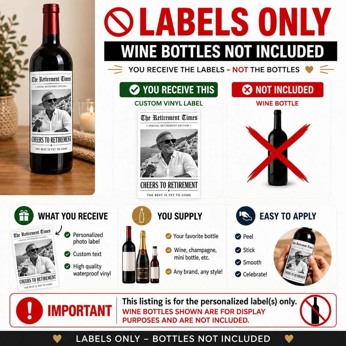 Personalized Retirement Wine Bottle Label, Personalized Retirement Gift, Custom Photo Wine Label, Retirement Party Decor, Newspaper Label