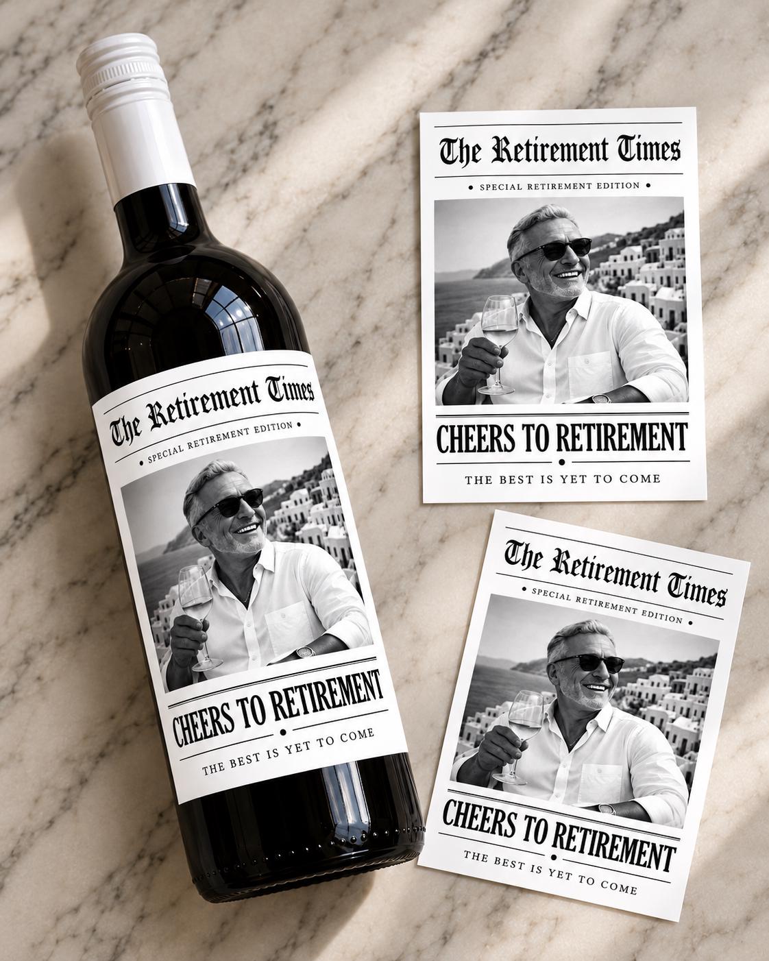 Personalized Retirement Wine Bottle Label, Personalized Retirement Gift, Custom Photo Wine Label, Retirement Party Decor, Newspaper Label