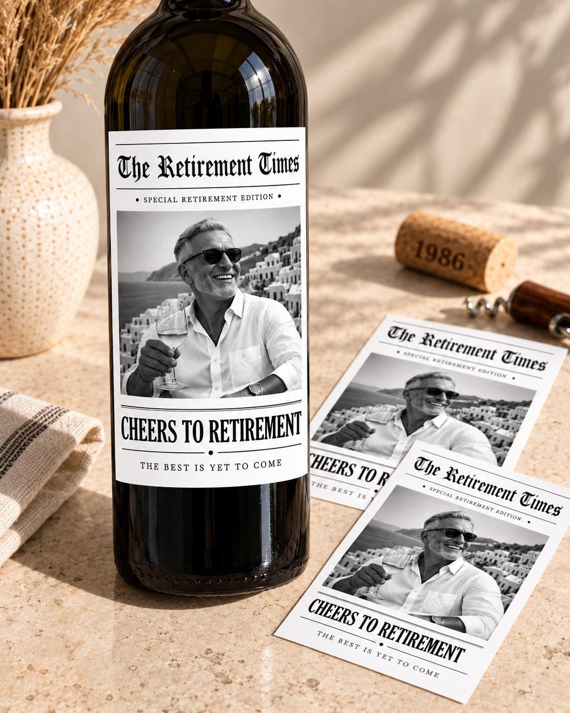 Personalized Retirement Wine Bottle Label, Personalized Retirement Gift, Custom Photo Wine Label, Retirement Party Decor, Newspaper Label