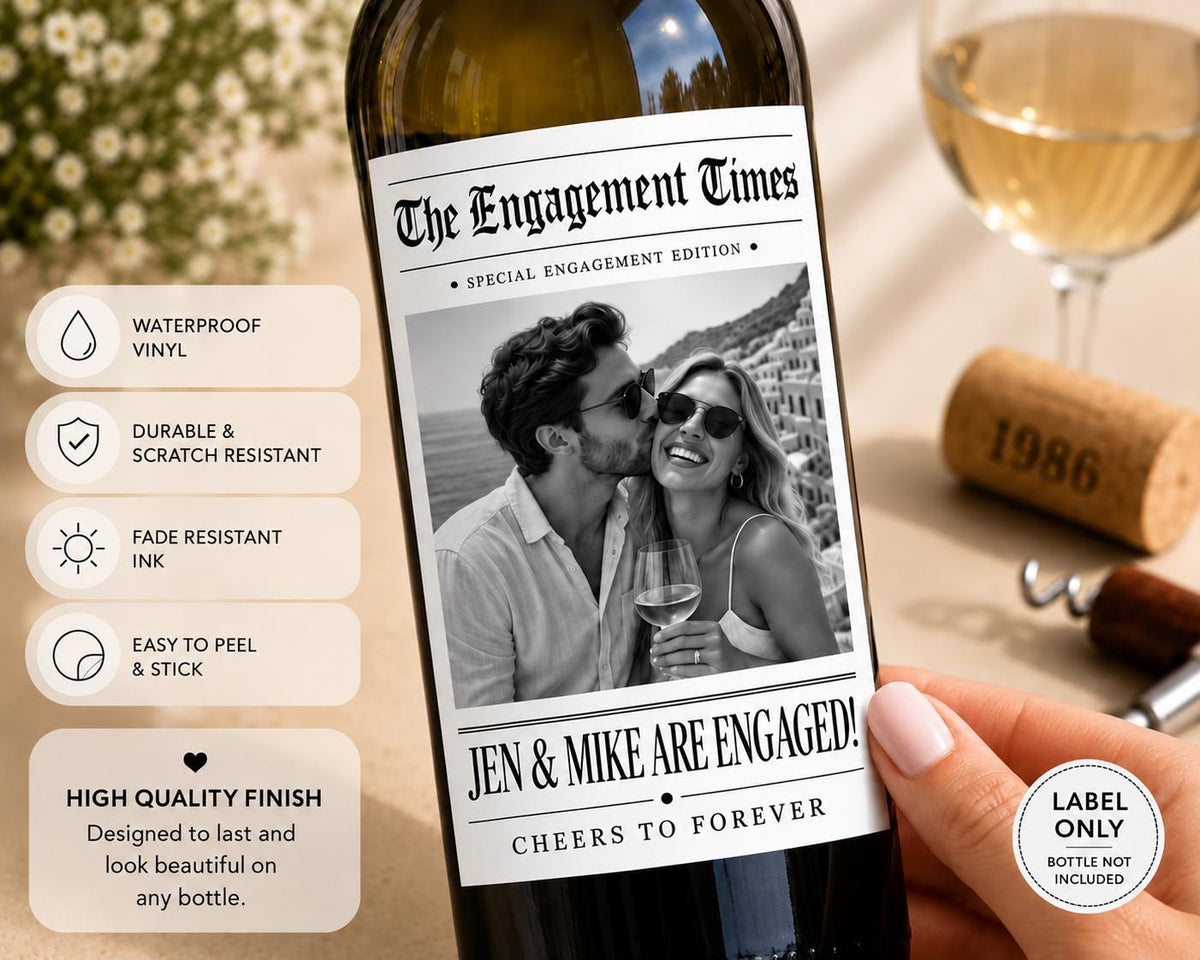 Personalized Engagement Wine Bottle Labels, Custom Photo Engagement Gift, Engagement Party Wine Label, Bride To Be Gift, Couples Photo Label