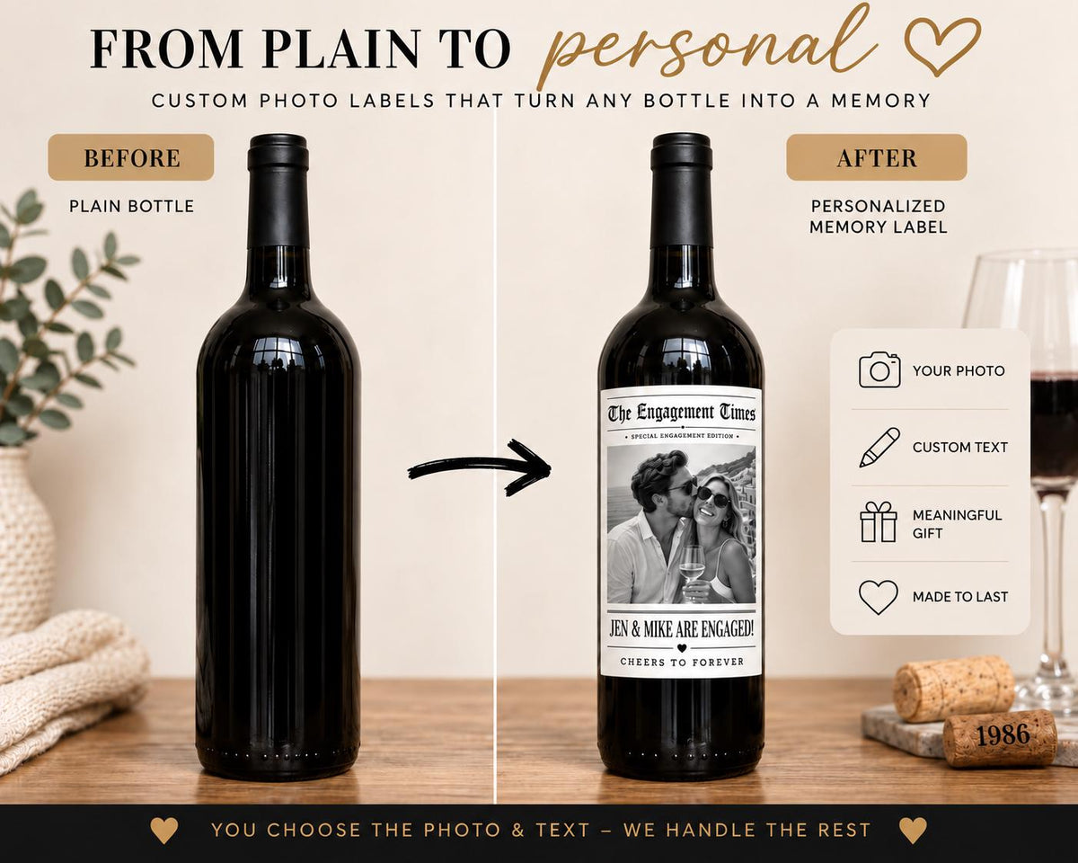 Personalized Engagement Wine Bottle Labels, Custom Photo Engagement Gift, Engagement Party Wine Label, Bride To Be Gift, Couples Photo Label