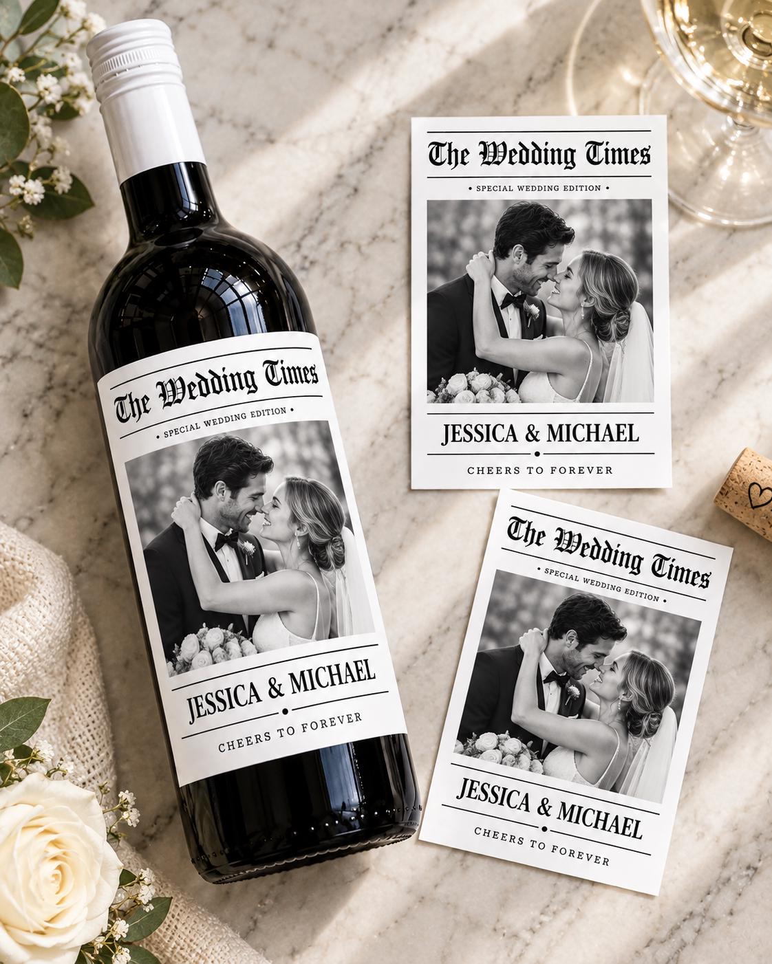Personalized Wedding Wine Label, Custom Photo Wine Bottle Label, The Wedding Times Newspaper Label, Bride Groom Wedding Gift,Newspaper Label