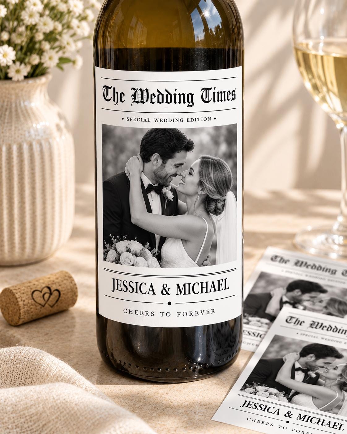 Personalized Wedding Wine Label, Custom Photo Wine Bottle Label, The Wedding Times Newspaper Label, Bride Groom Wedding Gift,Newspaper Label
