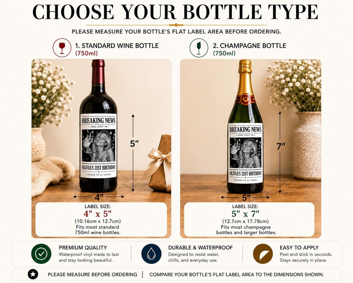 Personalized Breaking News Wine Bottle Label, Custom Photo Announcement Label, Wedding Birthday Anniversary Graduation Gift, Newspaper Label