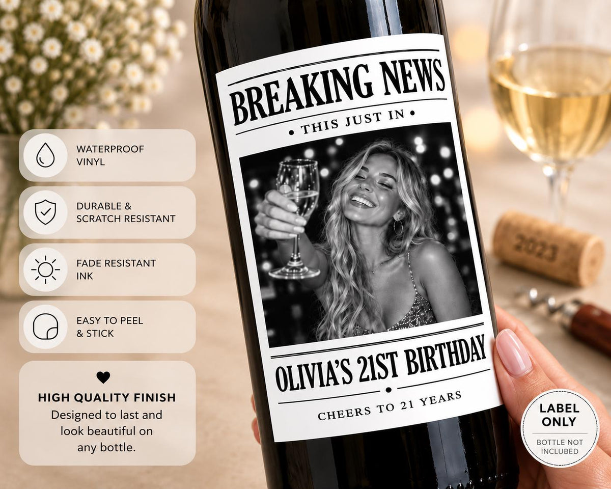Personalized Breaking News Wine Bottle Label, Custom Photo Announcement Label, Wedding Birthday Anniversary Graduation Gift, Newspaper Label