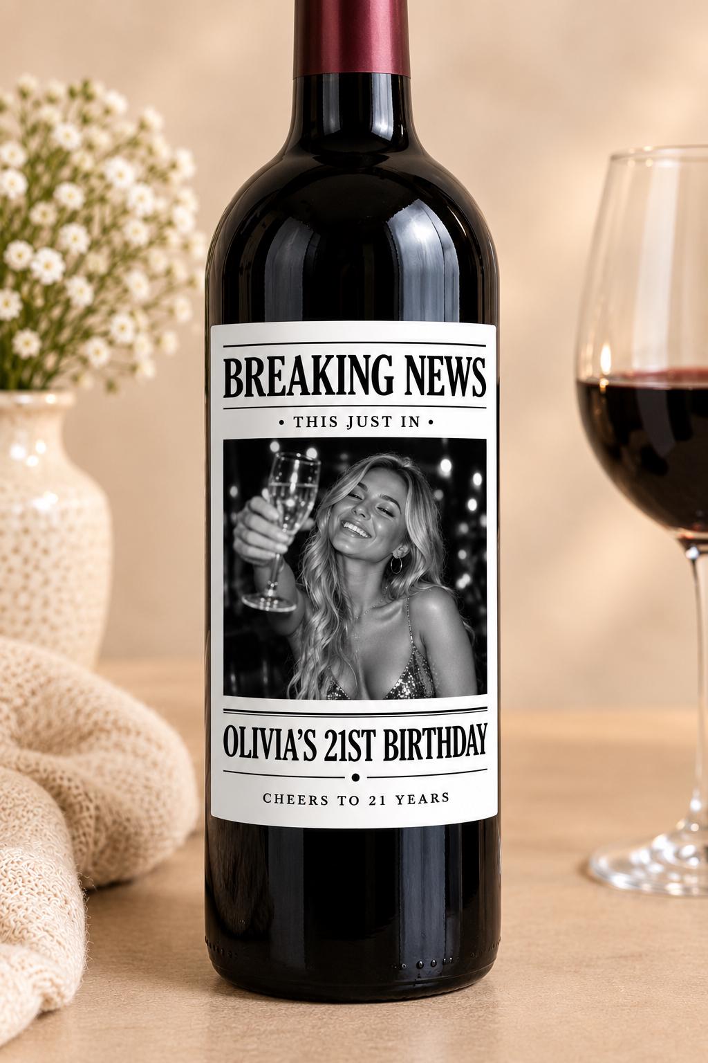 Personalized Breaking News Wine Bottle Label, Custom Photo Announcement Label, Wedding Birthday Anniversary Graduation Gift, Newspaper Label