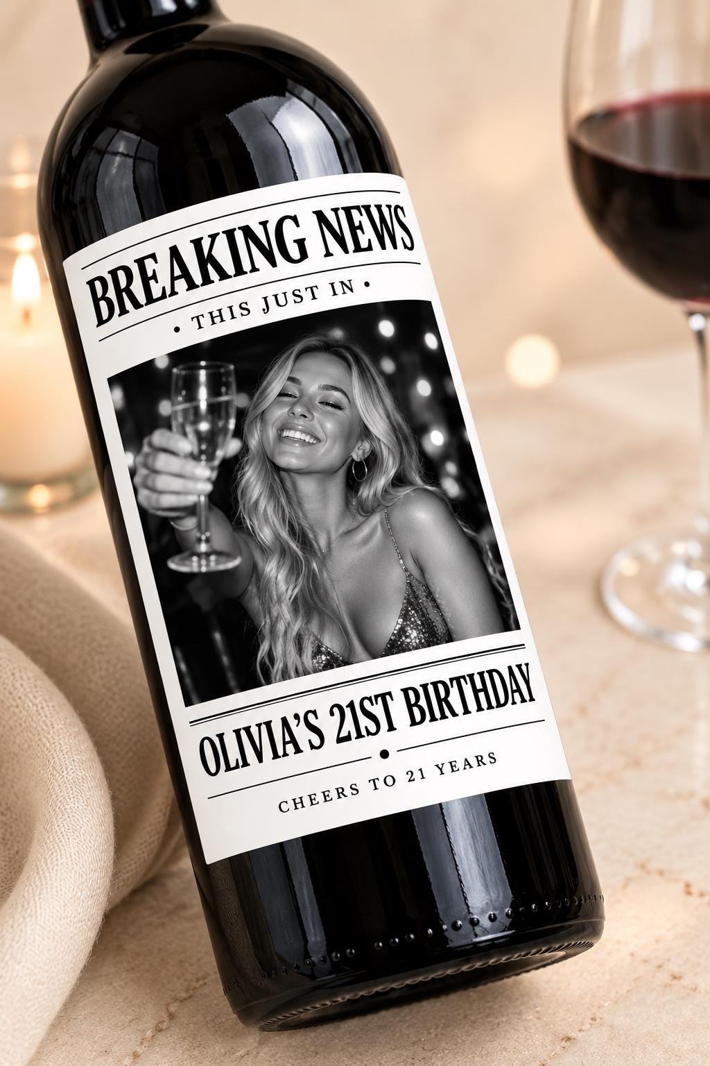 Personalized Breaking News Wine Bottle Label, Custom Photo Announcement Label, Wedding Birthday Anniversary Graduation Gift, Newspaper Label