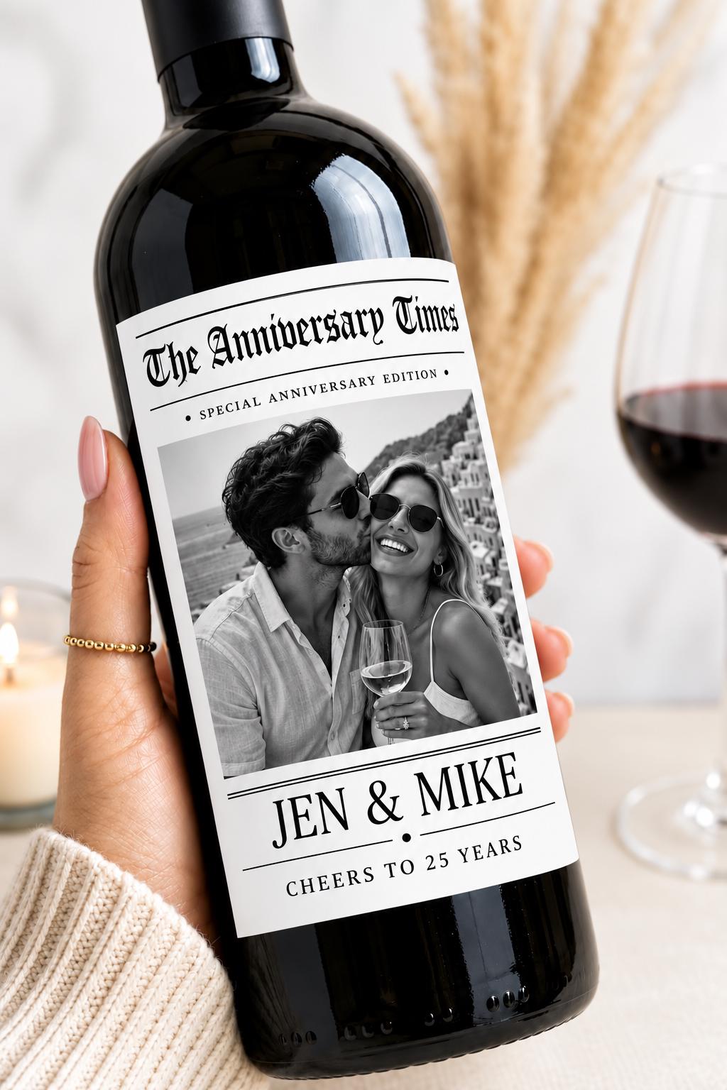 Personalized Anniversary Wine Label with Photo, Custom Wine Bottle Label, Wedding Anniversary Gift, Milestone Anniversary, Newspaper Label