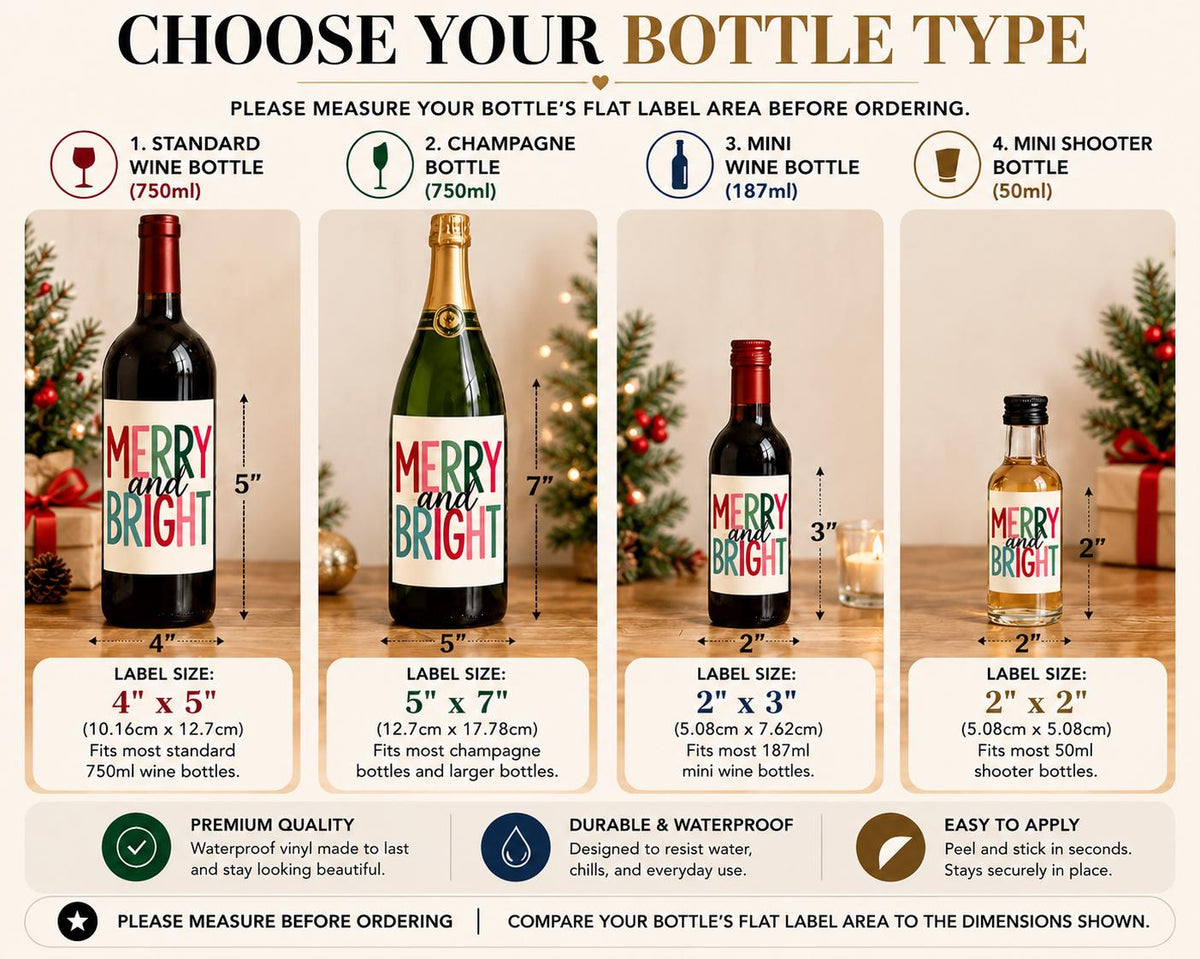 Merry and Bright Christmas Wine Bottle Labels, Christmas Gift, Holiday Wine Label, Mini Bottle Label, Christmas Party Favors, Christmas Gift