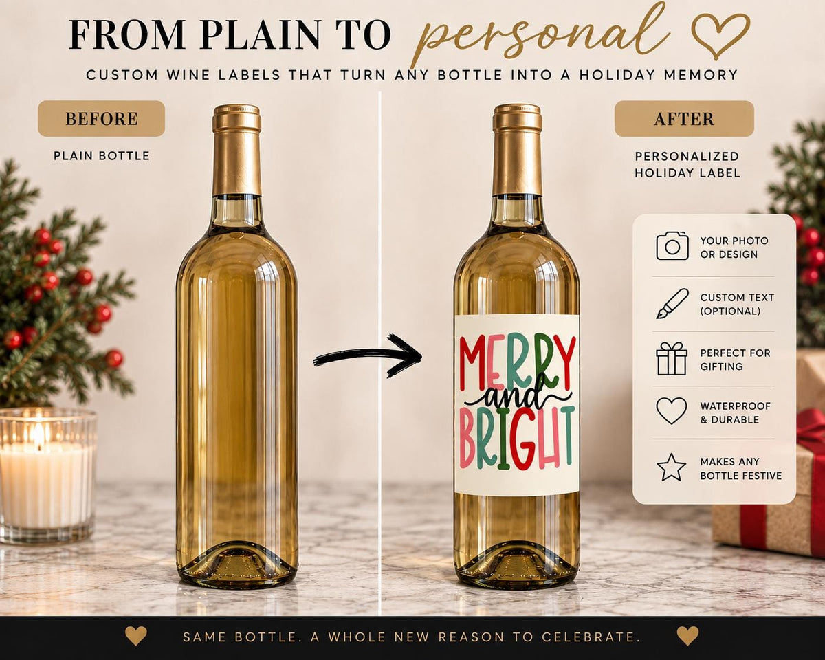 Merry and Bright Christmas Wine Bottle Labels, Christmas Gift, Holiday Wine Label, Mini Bottle Label, Christmas Party Favors, Christmas Gift