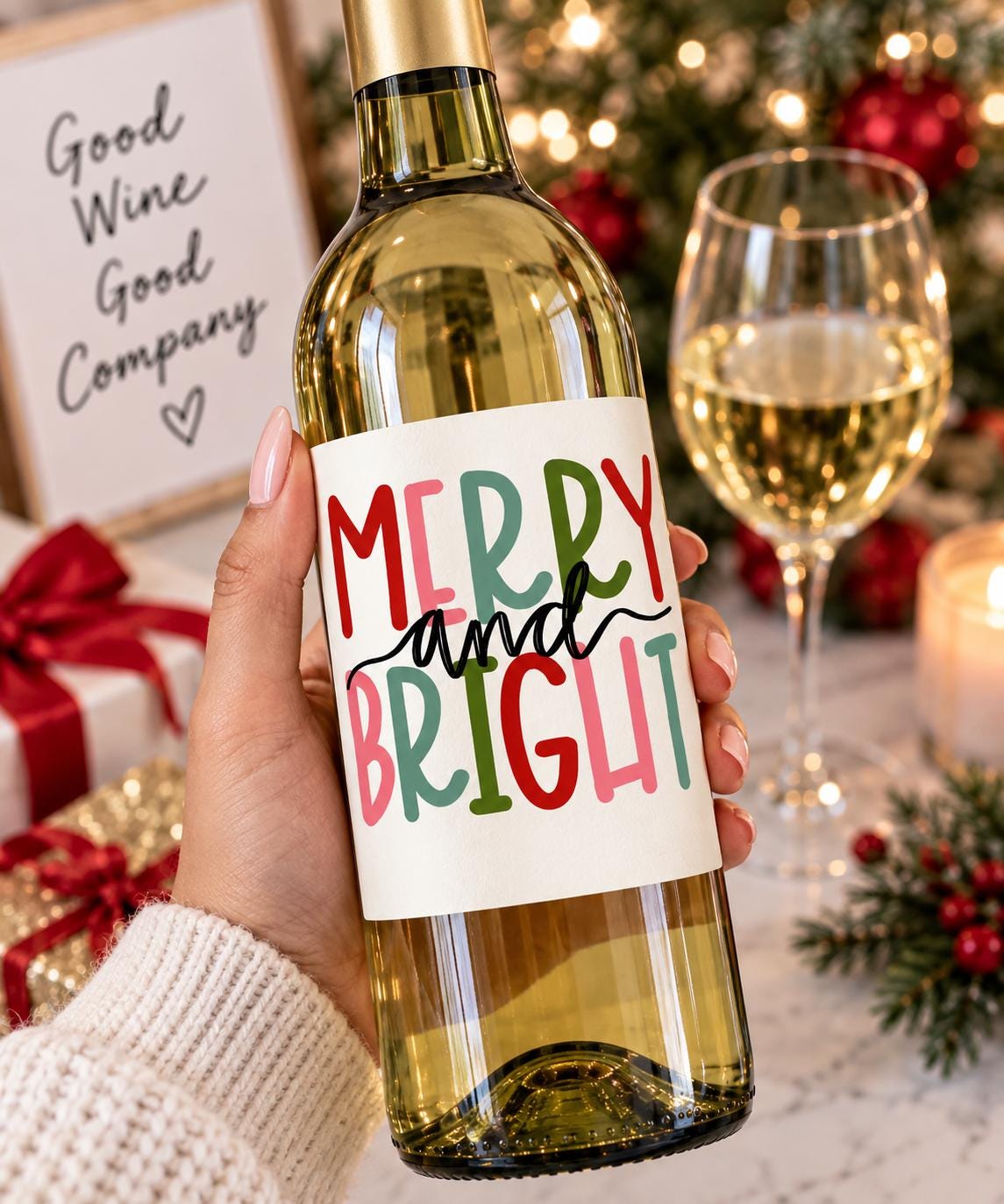 Merry and Bright Christmas Wine Bottle Labels, Christmas Gift, Holiday Wine Label, Mini Bottle Label, Christmas Party Favors, Christmas Gift