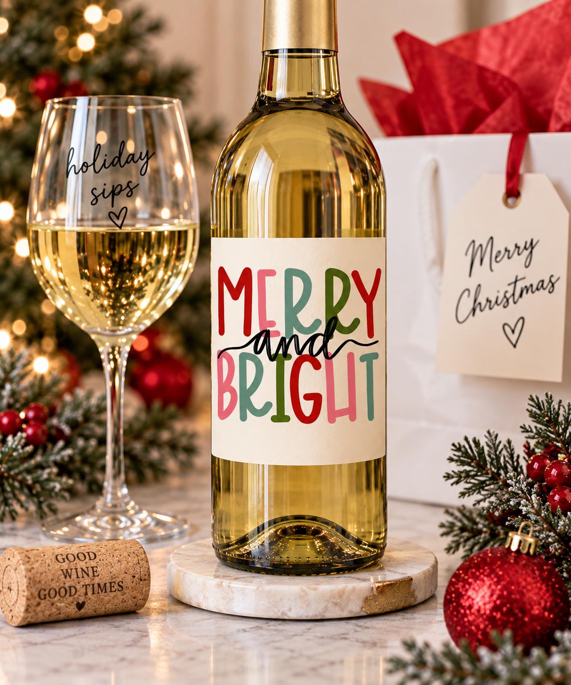 Merry and Bright Christmas Wine Bottle Labels, Christmas Gift, Holiday Wine Label, Mini Bottle Label, Christmas Party Favors, Christmas Gift