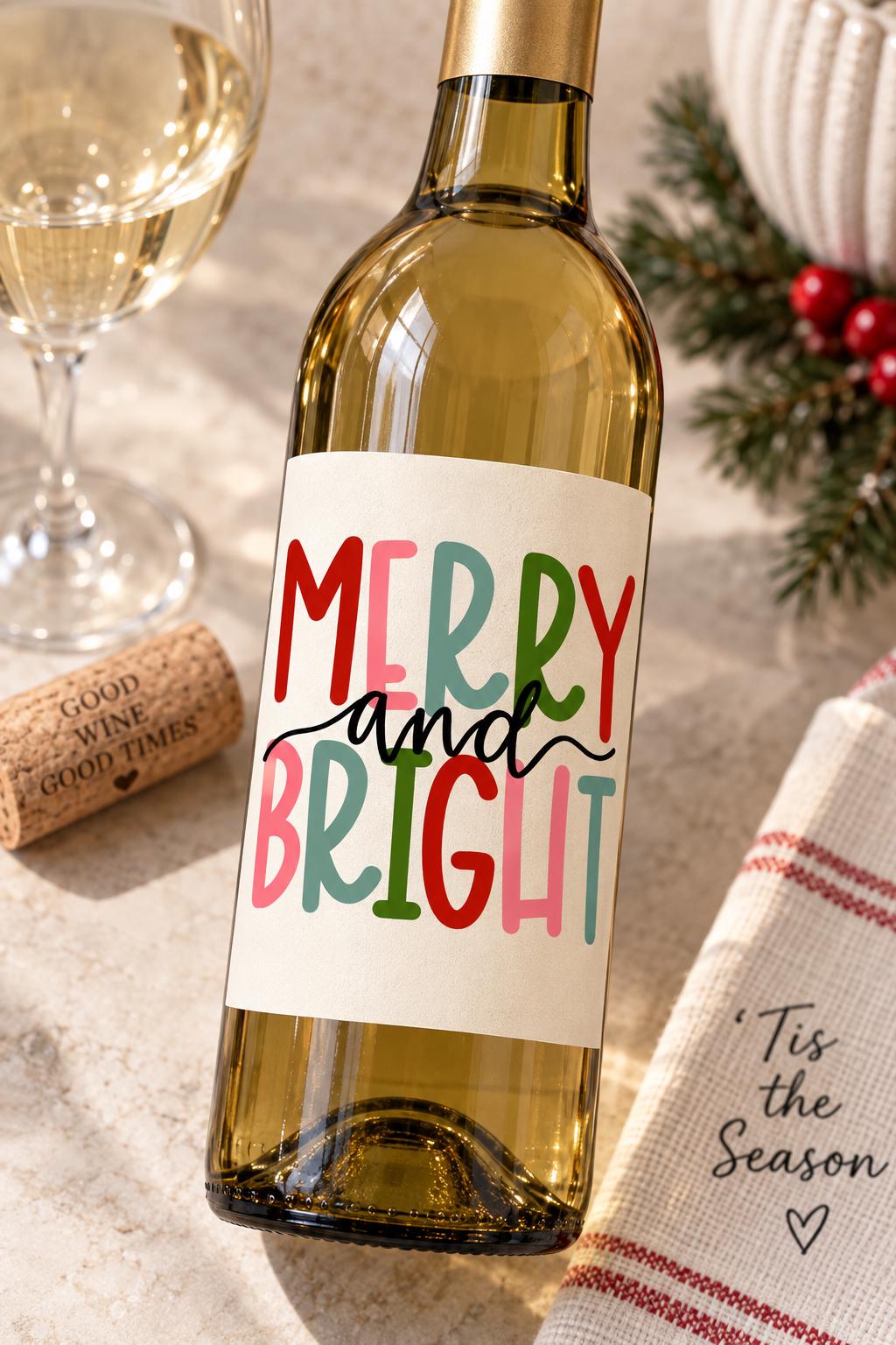 Merry and Bright Christmas Wine Bottle Labels, Christmas Gift, Holiday Wine Label, Mini Bottle Label, Christmas Party Favors, Christmas Gift