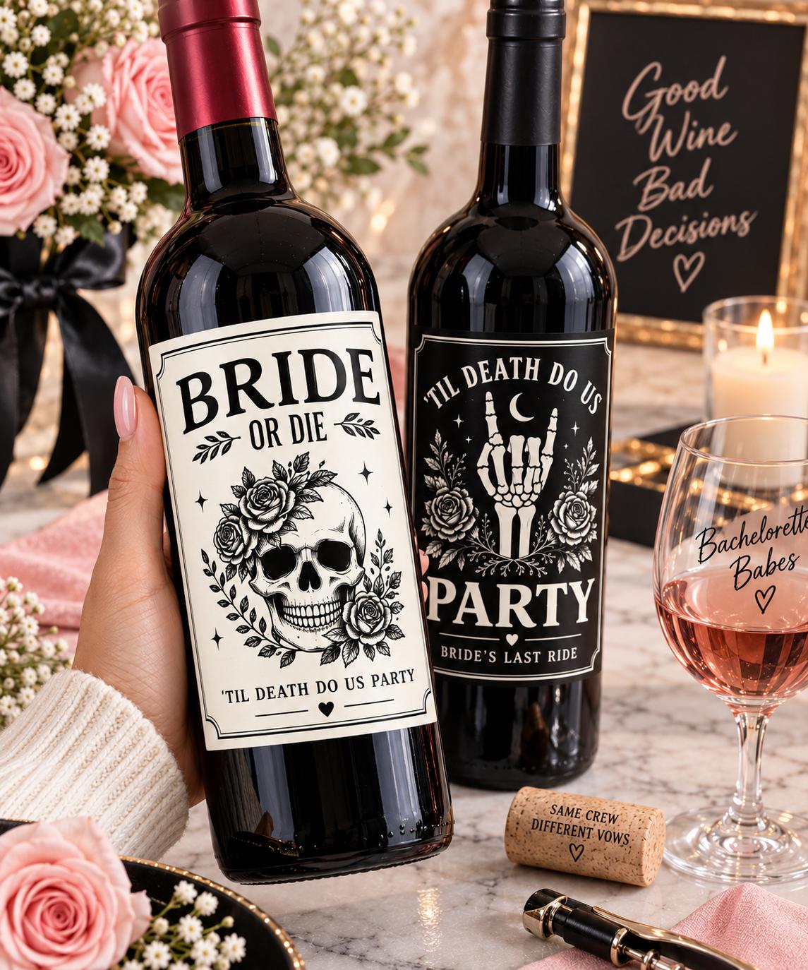 Bachelorette Wine Bottle Labels, Bride or Die, Til Death Do Us Party, Gothic Bachelorette Party Decor, Bride’s Last Ride, Wine Labels
