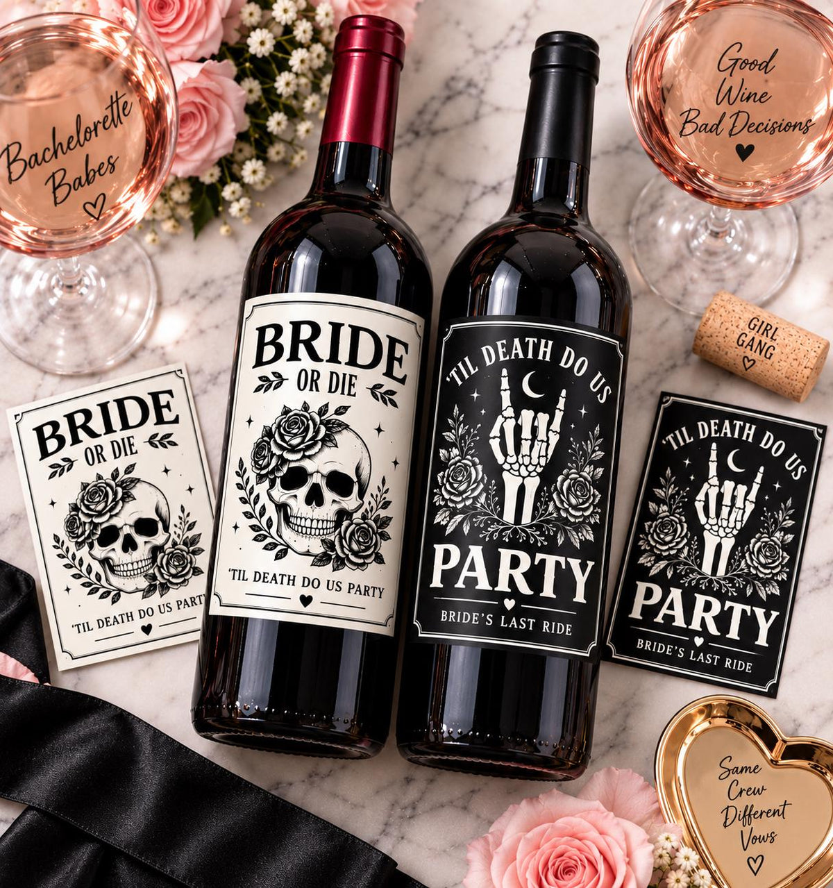Bachelorette Wine Bottle Labels, Bride or Die, Til Death Do Us Party, Gothic Bachelorette Party Decor, Bride’s Last Ride, Wine Labels