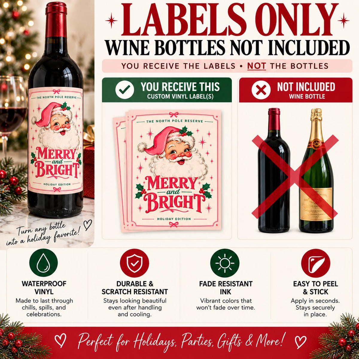 Christmas Wine Bottle Label, Merry and Bright Vintage Santa Wine Label, Pink Christmas Gift, Holiday Hostess Gift, Wine Lover Gift, Pink