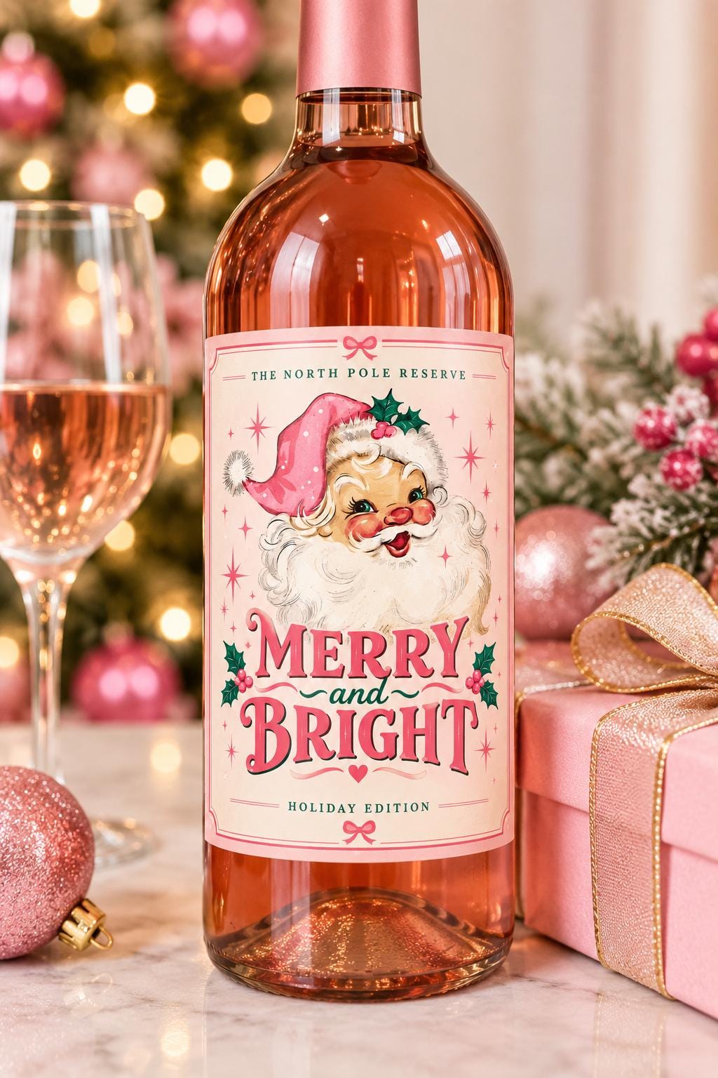 Christmas Wine Bottle Label, Merry and Bright Vintage Santa Wine Label, Pink Christmas Gift, Holiday Hostess Gift, Wine Lover Gift, Pink