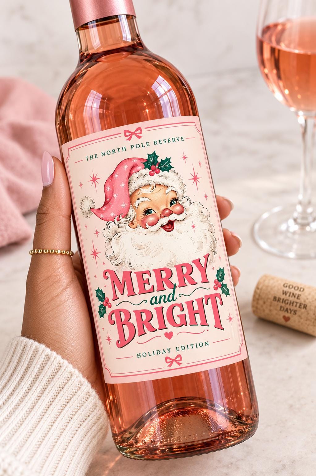 Christmas Wine Bottle Label, Merry and Bright Vintage Santa Wine Label, Pink Christmas Gift, Holiday Hostess Gift, Wine Lover Gift, Pink