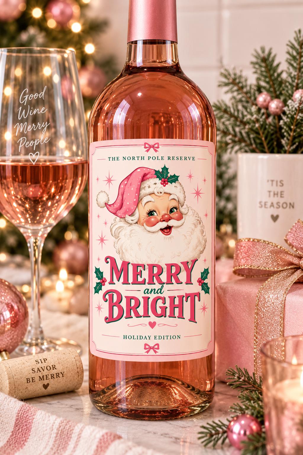 Christmas Wine Bottle Label, Merry and Bright Vintage Santa Wine Label, Pink Christmas Gift, Holiday Hostess Gift, Wine Lover Gift, Pink
