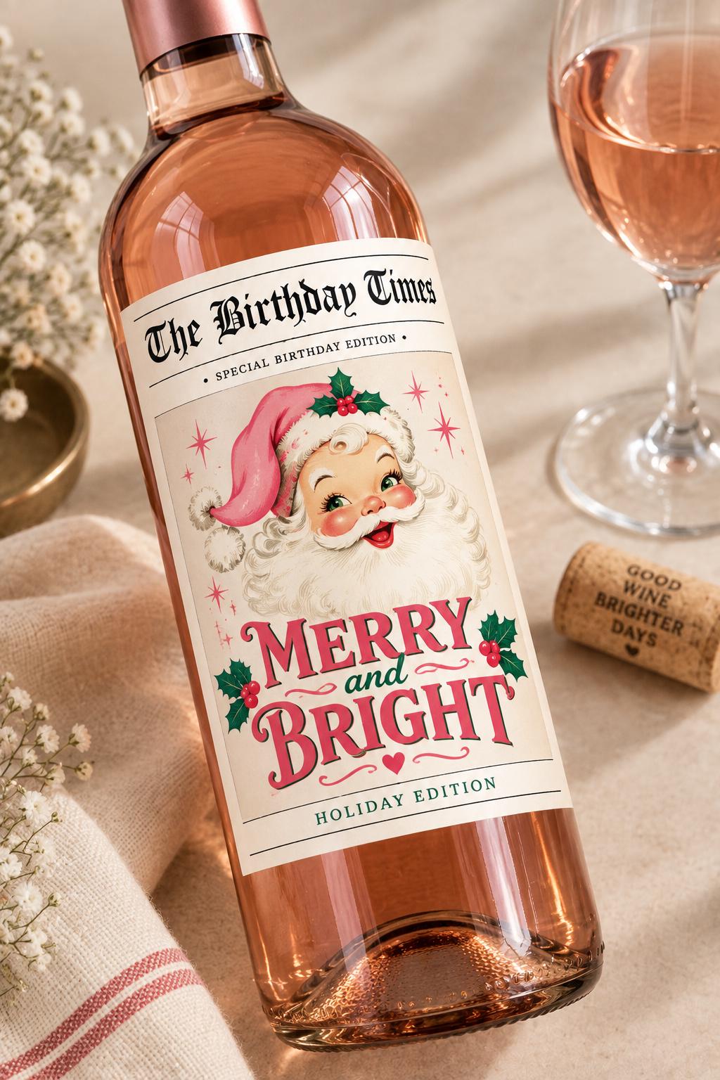 Christmas Wine Bottle Label, Merry and Bright Vintage Santa Wine Label, Pink Christmas Gift, Holiday Hostess Gift, Wine Lover Gift, Pink