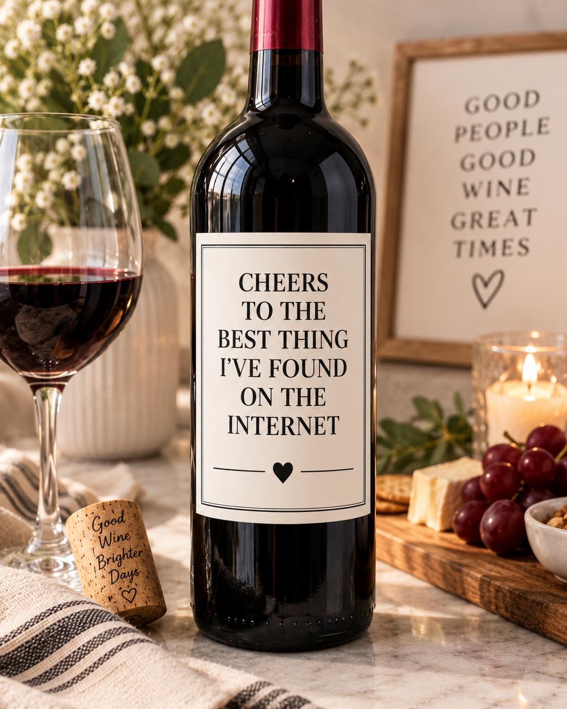 Funny Wine Bottle Label, Cheers to the Best Thing I Found on the Internet, Boyfriend Girlfriend Gift, Anniversary Gift, Wine Label Gift