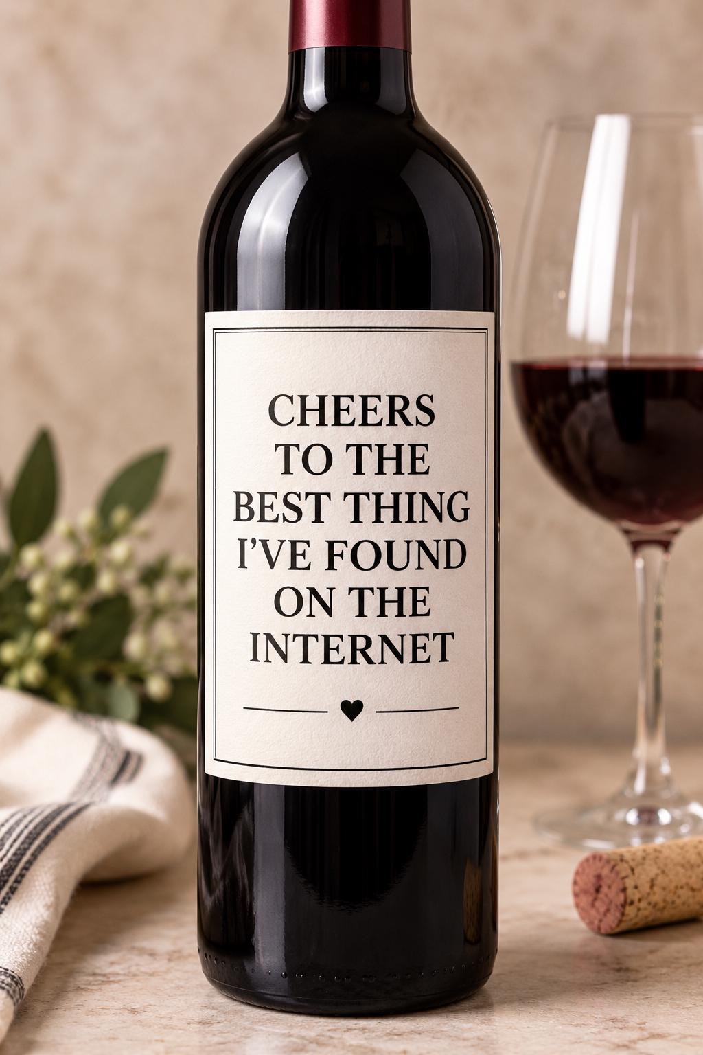 Funny Wine Bottle Label, Cheers to the Best Thing I Found on the Internet, Boyfriend Girlfriend Gift, Anniversary Gift, Wine Label Gift