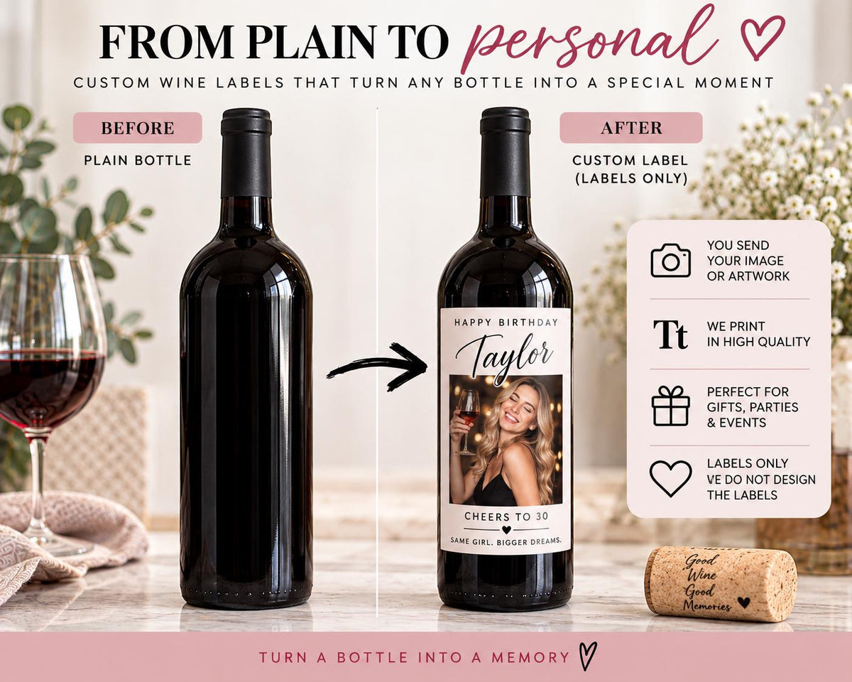 Custom Wine Bottle Labels, Print Your Own Design, Personalized Wine Label Printing, Photo Wine Labels, Party & Event Bottle Labels, Gift
