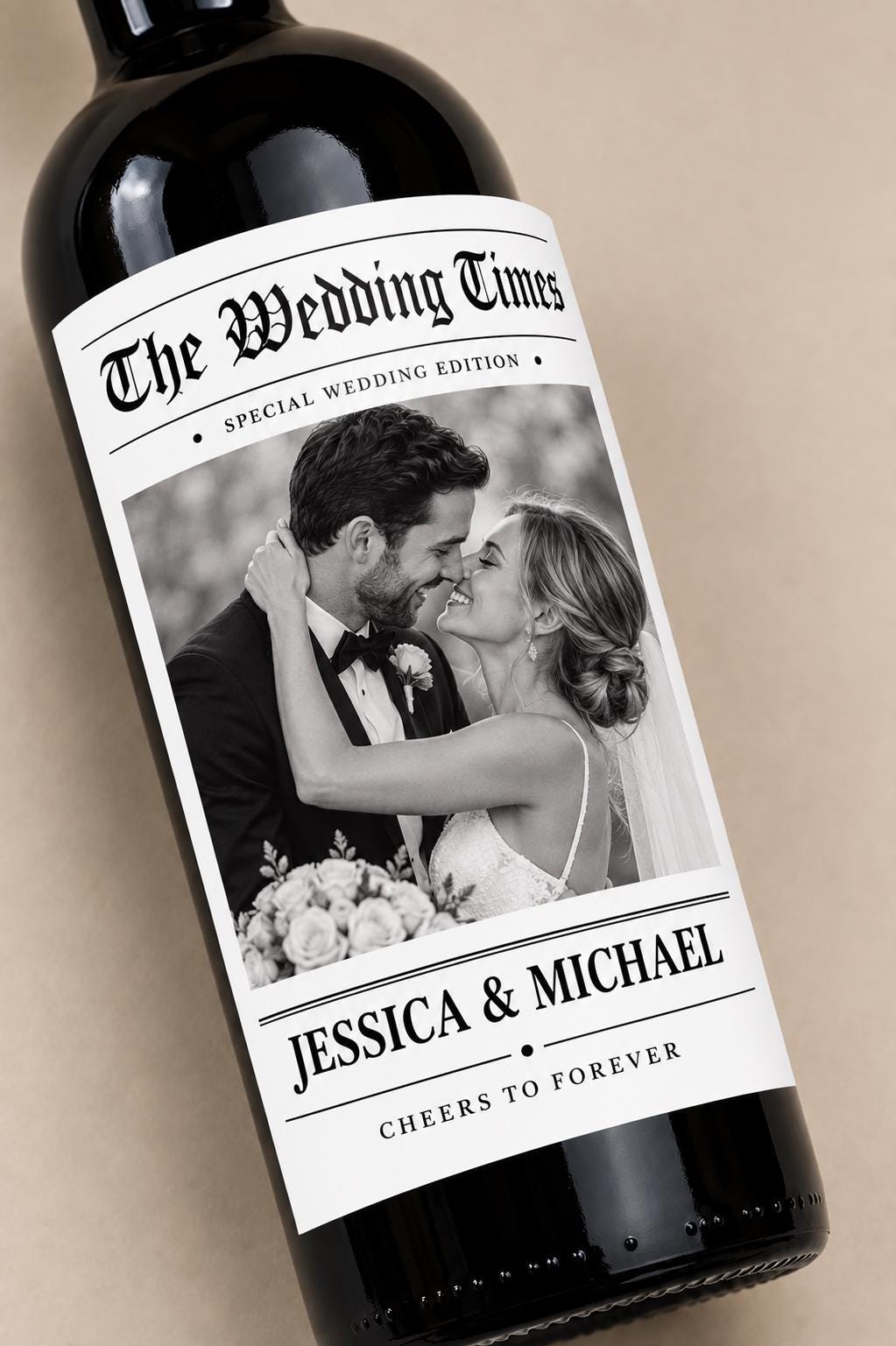 Personalized Wedding Wine Label, Custom Photo Wine Bottle Label, The Wedding Times Newspaper Label, Bride Groom Wedding Gift,Newspaper Label