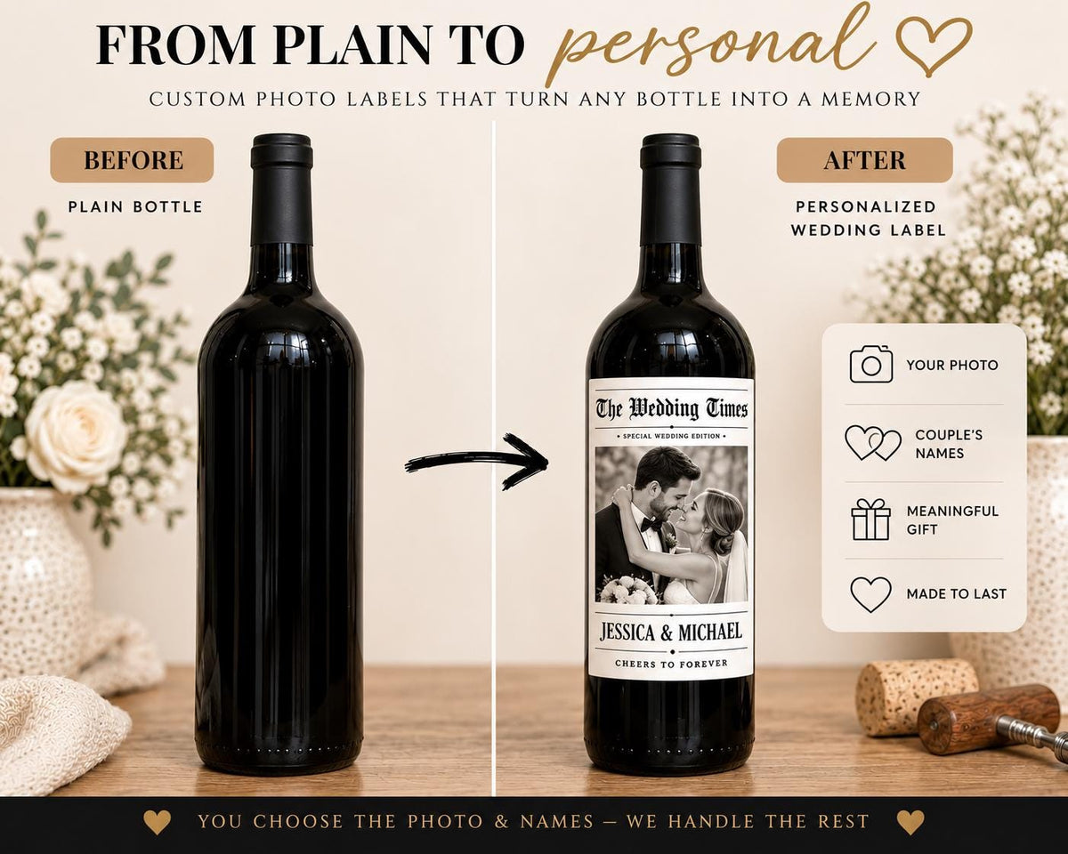 Personalized Wedding Wine Label, Custom Photo Wine Bottle Label, The Wedding Times Newspaper Label, Bride Groom Wedding Gift,Newspaper Label