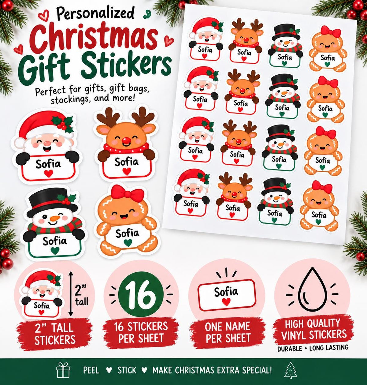 Personalized Christmas Name Stickers, Custom Holiday Gift Labels, Christmas Gift Tag Stickers, Vinyl Sticker Sheets for Gift Wrapping, 16 ct