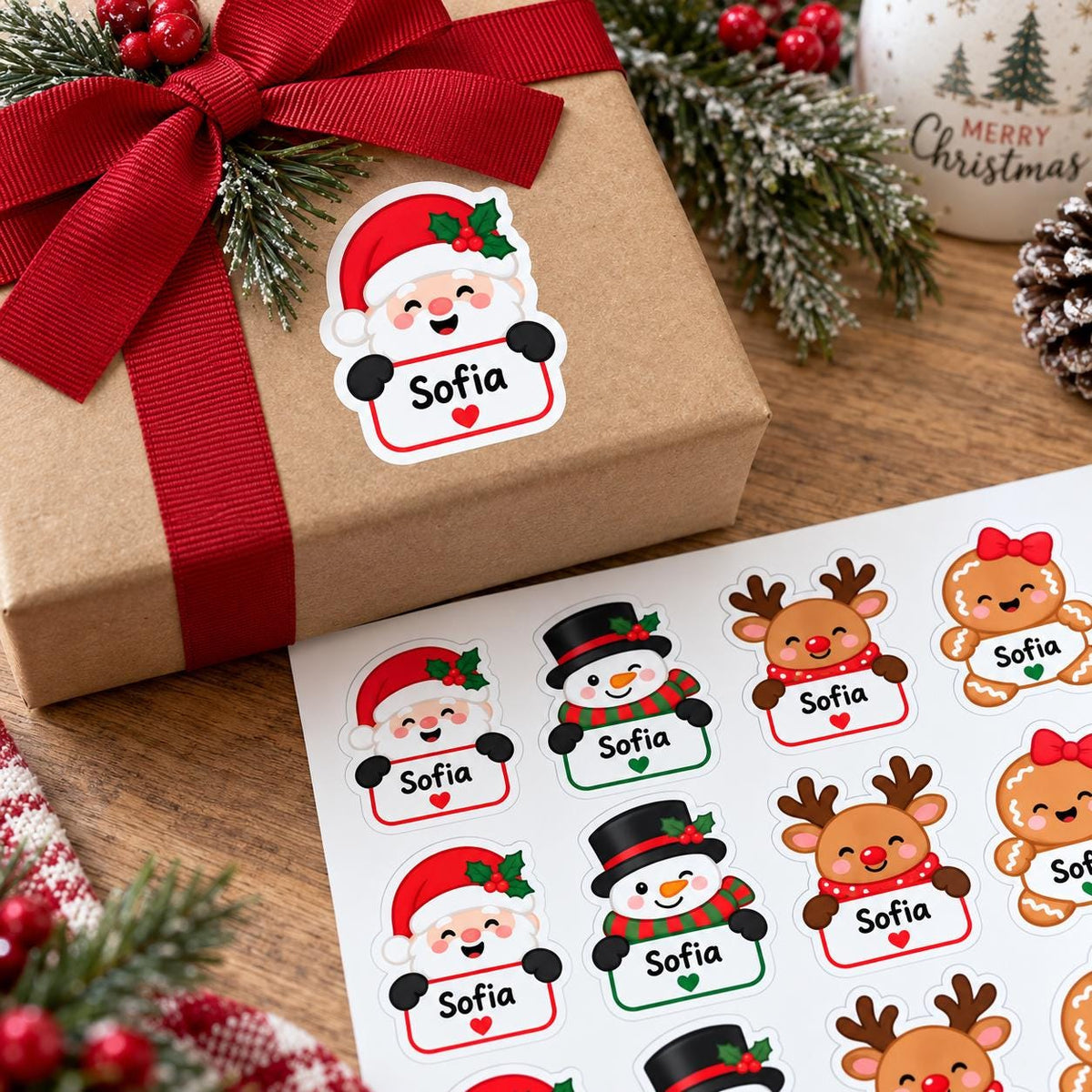 Personalized Christmas Name Stickers, Custom Holiday Gift Labels, Christmas Gift Tag Stickers, Vinyl Sticker Sheets for Gift Wrapping, 16 ct