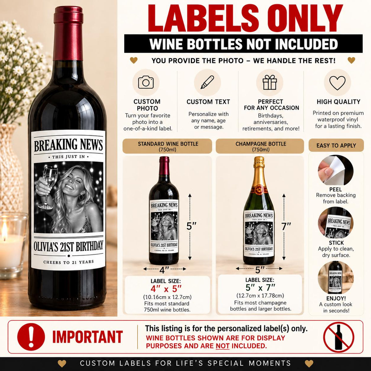 Personalized Breaking News Wine Bottle Label, Custom Photo Announcement Label, Wedding Birthday Anniversary Graduation Gift, Newspaper Label