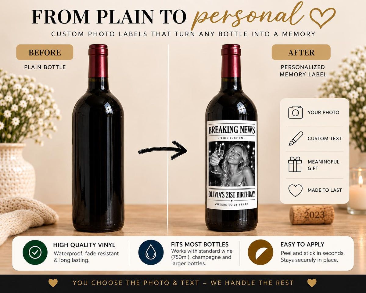 Personalized Breaking News Wine Bottle Label, Custom Photo Announcement Label, Wedding Birthday Anniversary Graduation Gift, Newspaper Label