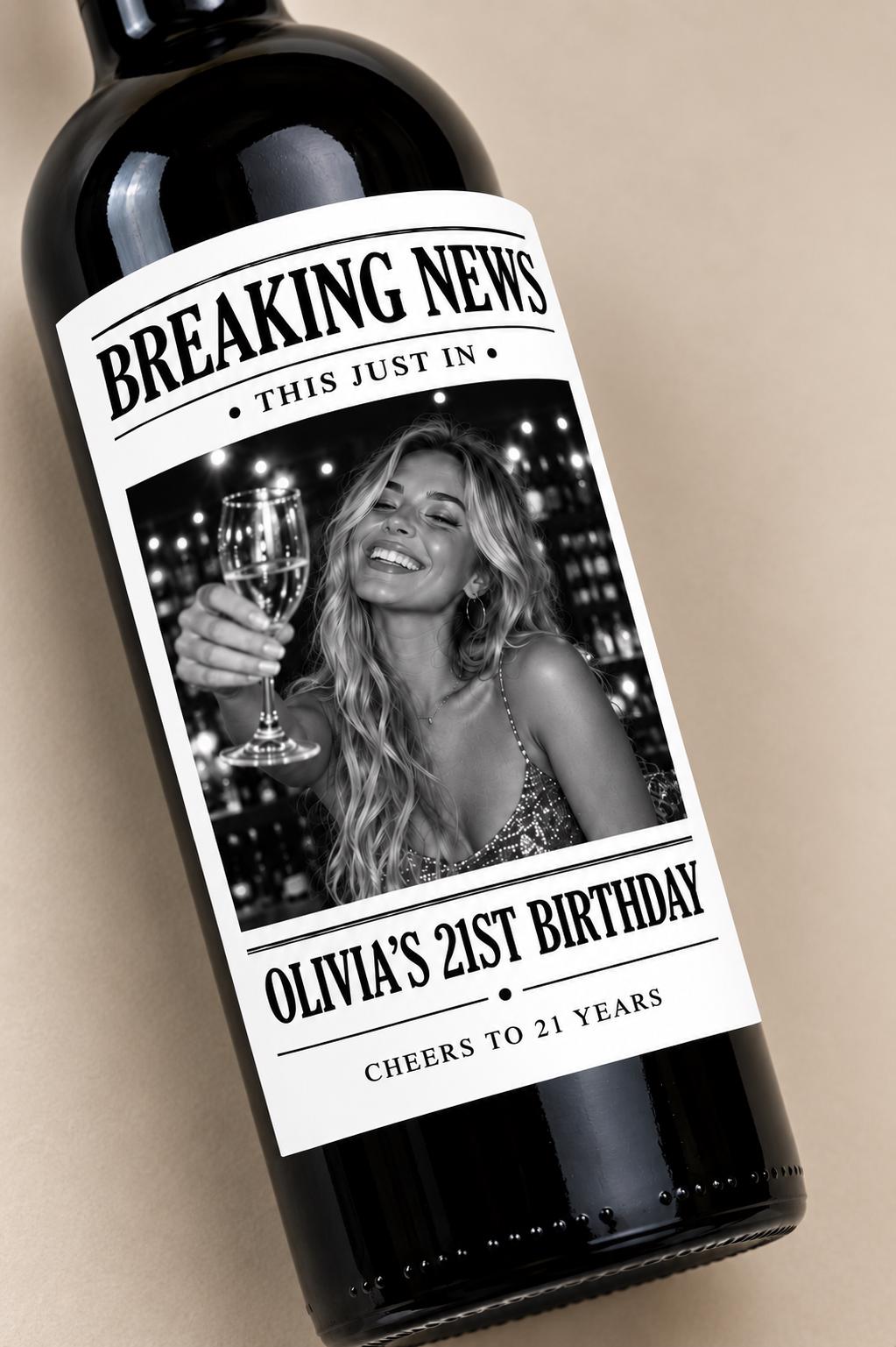 Personalized Breaking News Wine Bottle Label, Custom Photo Announcement Label, Wedding Birthday Anniversary Graduation Gift, Newspaper Label