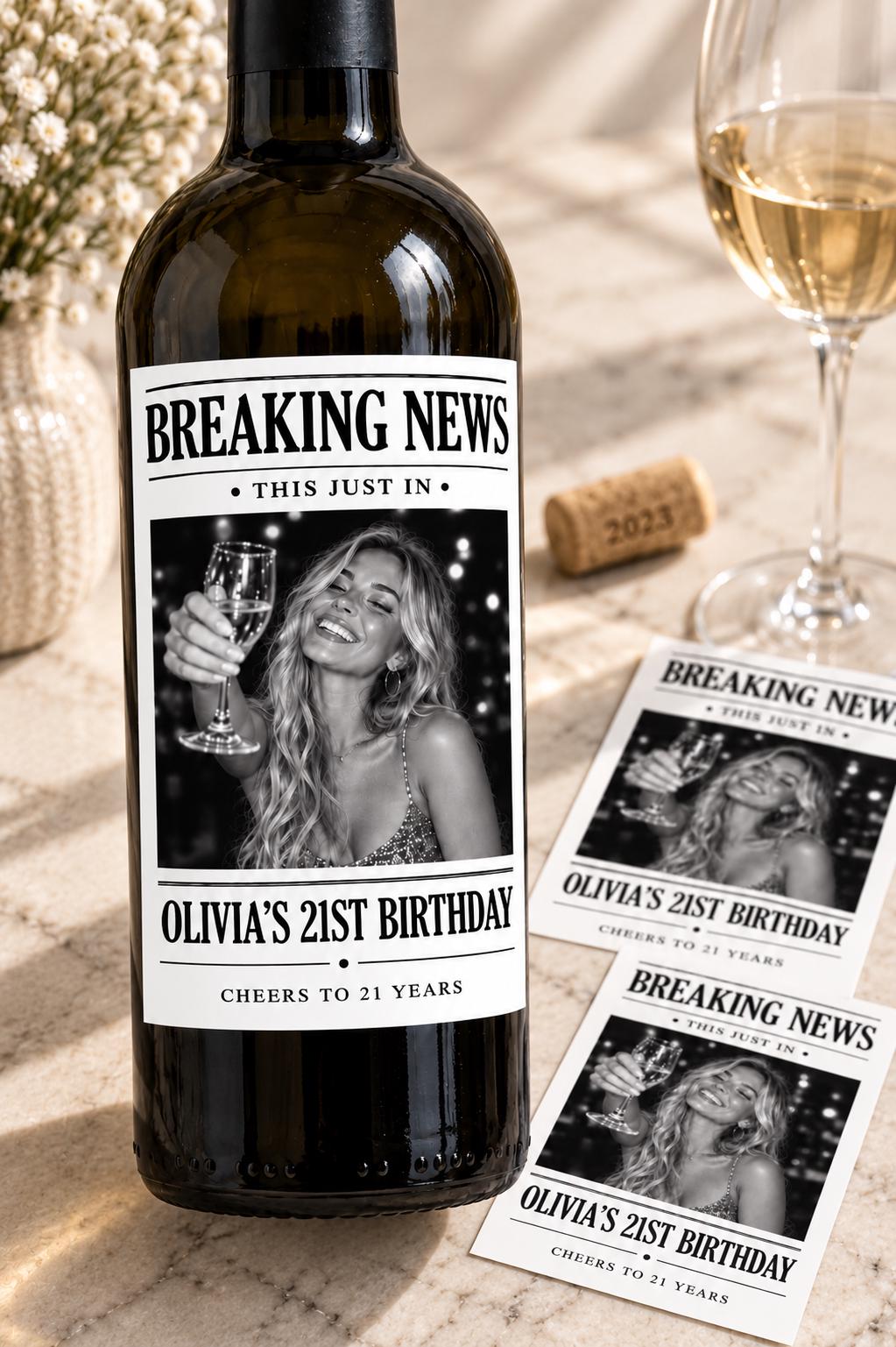 Personalized Breaking News Wine Bottle Label, Custom Photo Announcement Label, Wedding Birthday Anniversary Graduation Gift, Newspaper Label