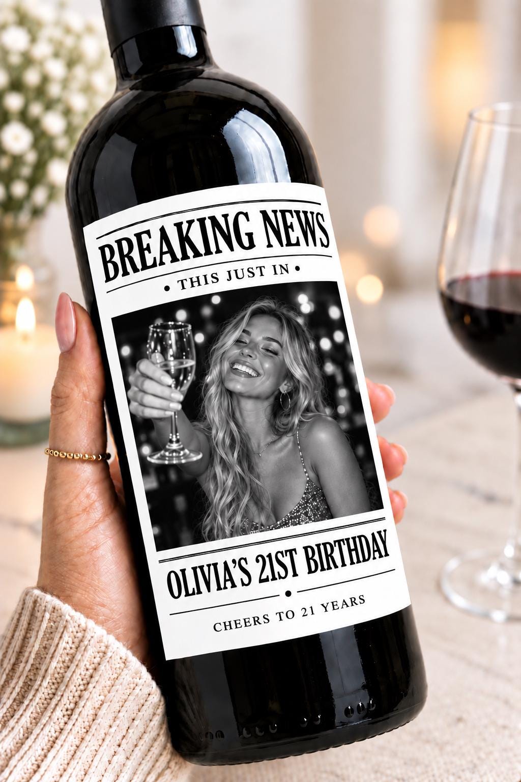 Personalized Breaking News Wine Bottle Label, Custom Photo Announcement Label, Wedding Birthday Anniversary Graduation Gift, Newspaper Label