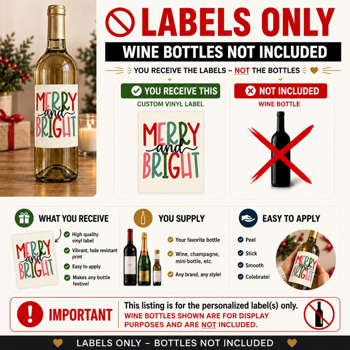 Merry and Bright Christmas Wine Bottle Labels, Christmas Gift, Holiday Wine Label, Mini Bottle Label, Christmas Party Favors, Christmas Gift