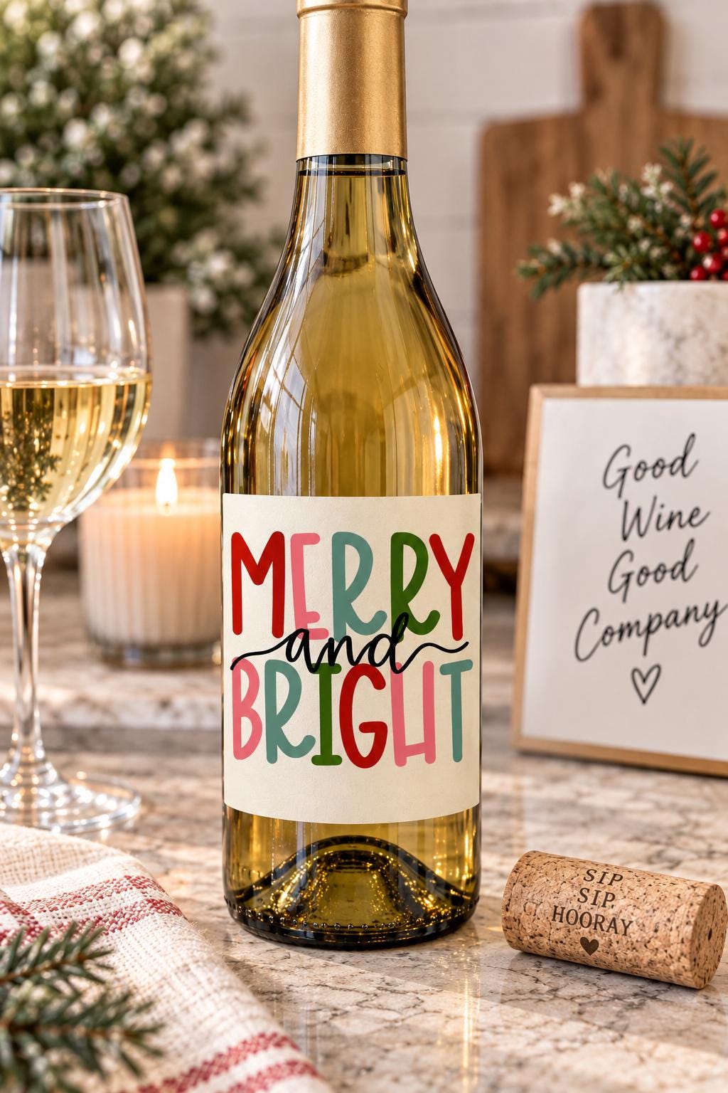 Merry and Bright Christmas Wine Bottle Labels, Christmas Gift, Holiday Wine Label, Mini Bottle Label, Christmas Party Favors, Christmas Gift